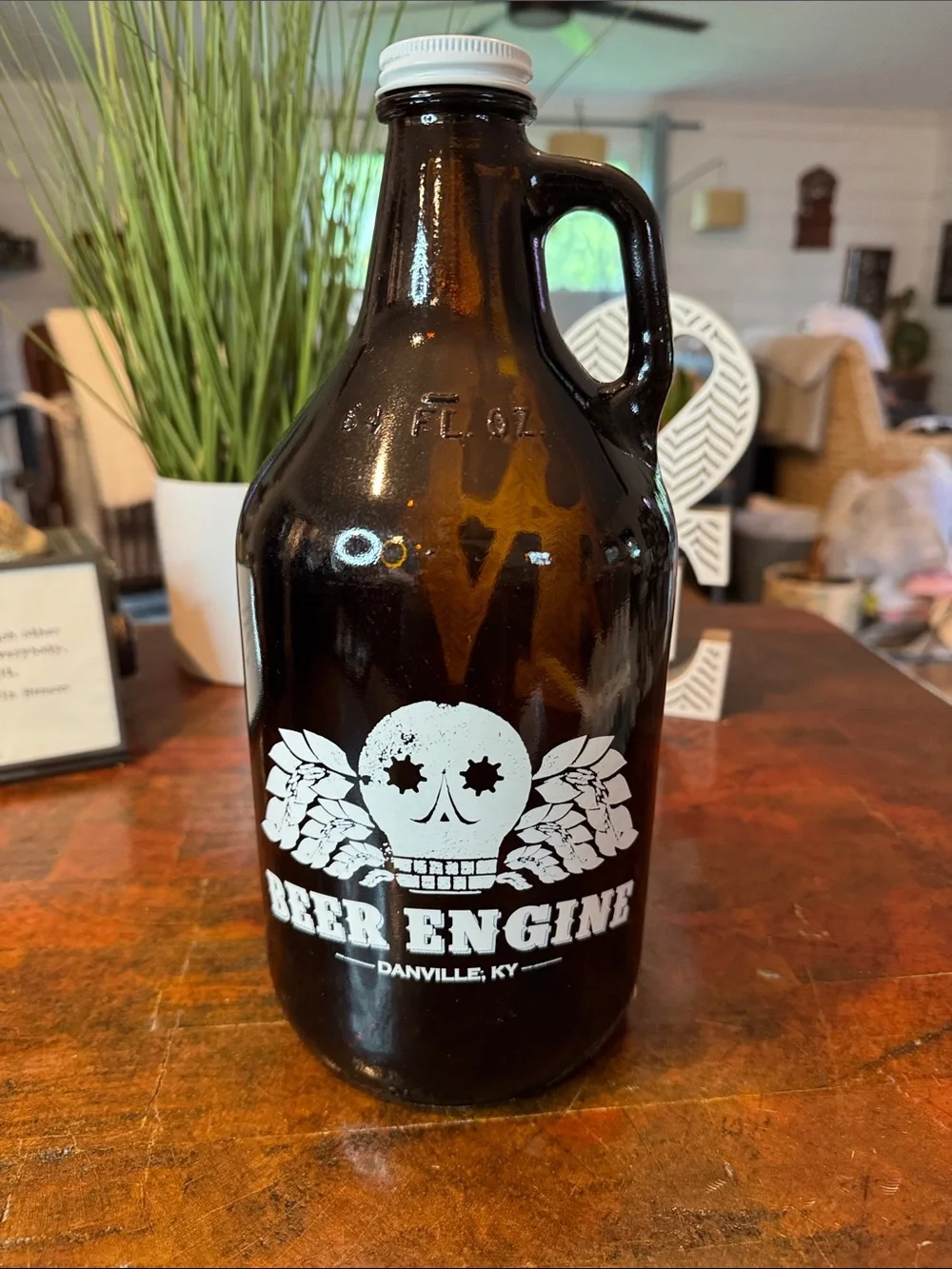 Beer Engine Danville KY Amber Glass Growler with White Skull Logo